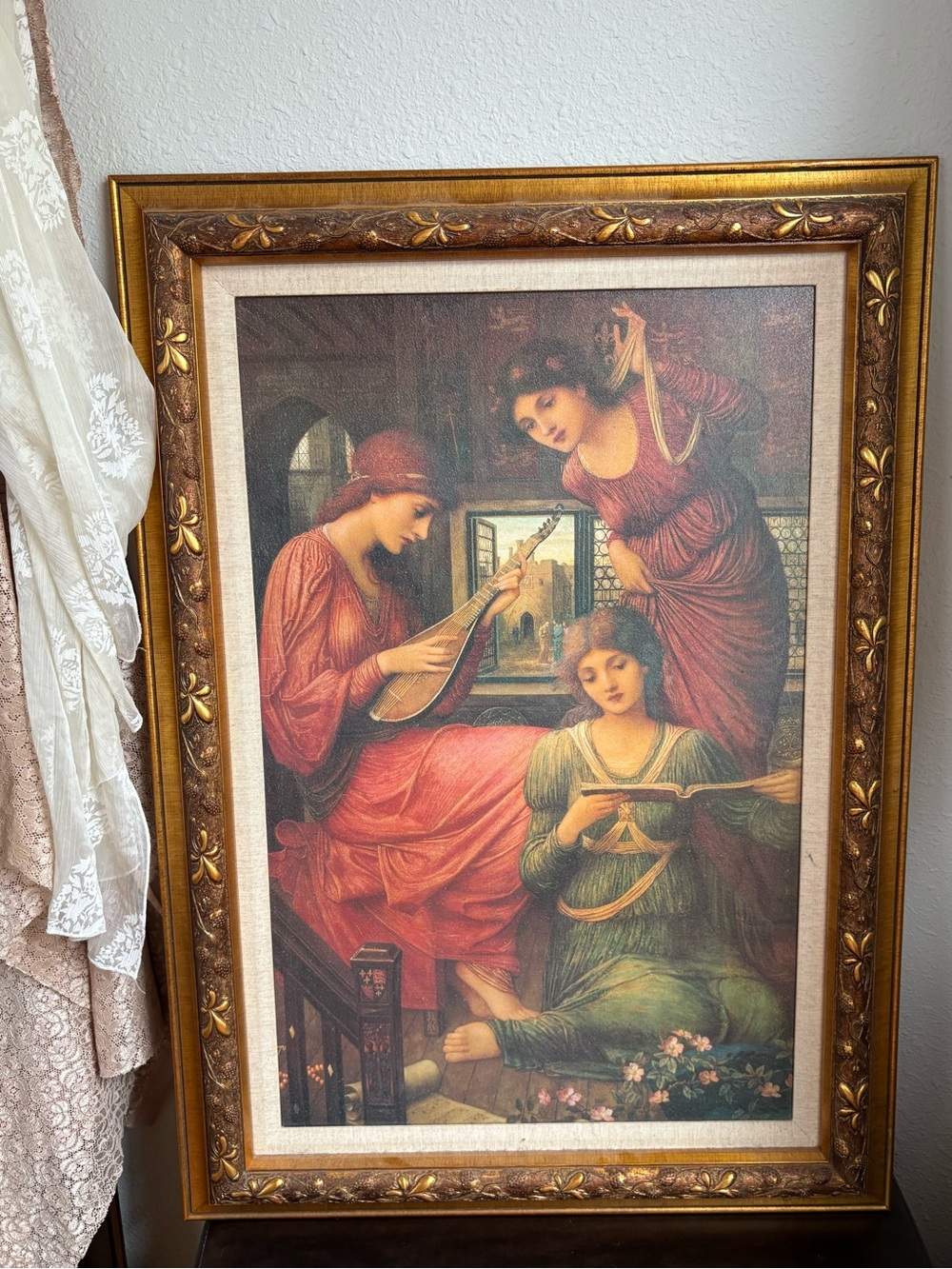 Large Vintage Pre-Raphaelite Style Canvas Wall Art in Ornate Gold Frame